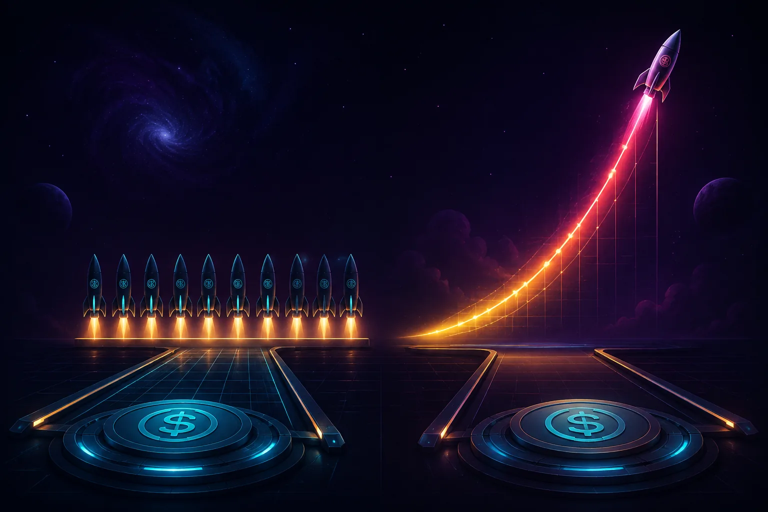 左:公平發射全員同價起跑;右:聯合曲線價格隨買入上行